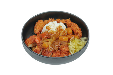 Rice with deep fried chicken,sliced picklesl topped Japanese yellow curry .