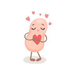 Funny soy bean character holding red heart, cute soybean with human face and closed eyes cartoon vector Illustration