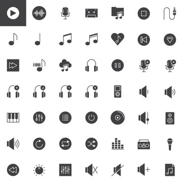 Music and video player vector icons set, modern solid symbol collection, filled style pictogram pack. Multimedia signs, logo illustration. Set includes icons as speaker, microphone, headphones, menu