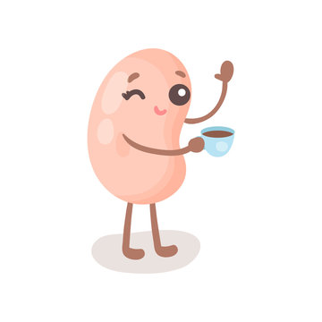 Funny soy bean character standing and holding cup if hot drink, cute soybean with human face cartoon vector Illustration