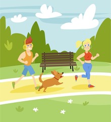Man and woman running with dog in the park, summer landscape vector Illustration