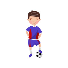 Little boy playing soccer, kids physical activity cartoon vector Illustration