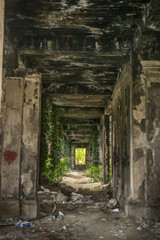 Fototapeta na wymiar Corridor in abandoned Council of Ministers building in Sukhumi, Abkhazia