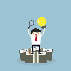 Vector growth concept in flat style happy business man stand top money with light bulb, Investment and idea concept