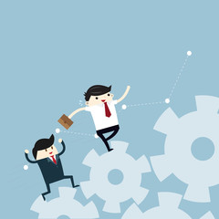 Concept of teamwork with gear system ,Business stand on gear and hold gear