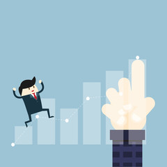 Vector growth concept in flat style happy business man run to top graph by help from big hand, Investment and idea concept