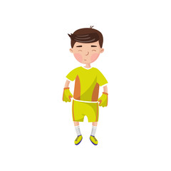 Little boy in sport uniform, football player, kids physical activity cartoon vector Illustration