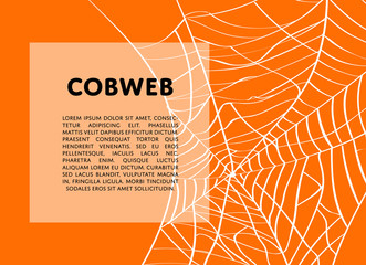Halloween backdrop with creepy cobweb and space for text. Realistic design element for scary holiday poster decoration. Abstract spider cobweb silhouette on orange background vector illustration.