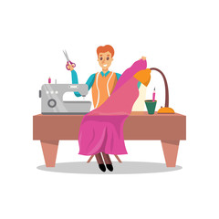 Male dressmaker sewing pink dress by sewing machine cartoon vector Illustration