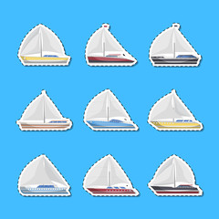 Sea sailboats side view isolated labels. Luxury and speedy sail yachts vector illustration. Marine passenger cruise ships, worldwide yachting, nautical sport competition, ocean vessel collection.