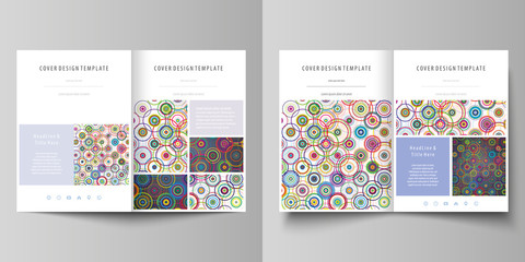 Business templates for bi fold brochure, magazine, flyer, report. Cover design template, abstract vector layout in A4 size. Bright color background in minimalist style made from colorful circles.