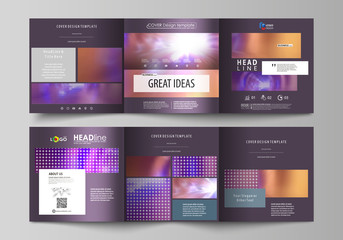 Set of business templates for tri fold square brochures. Leaflet cover, abstract flat layout, easy editable vector. Bright color colorful design, beautiful futuristic background.