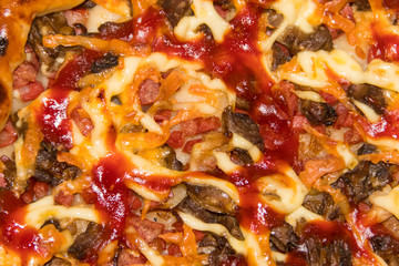 Texture of delicious pizza with salami, cheese and mushrooms. Food background