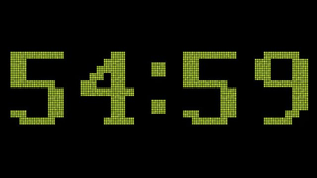 Digital countdown from 60 to zero. LED display. Gold Numbers