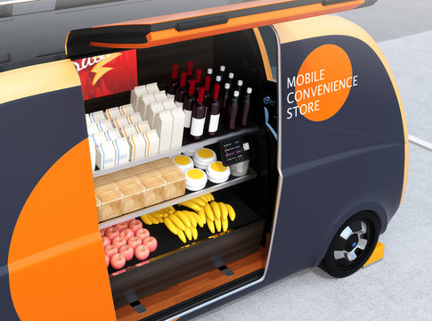 Close-up view of vending car is equipped with shelf for selling foods, drinks and grocery. Mobile convenience store concept. Using touch panel for payment. 3D rendering image.