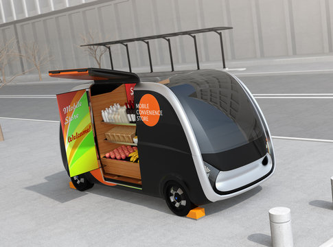 Self-driving vending car parking on the street. The vending car is equipped with shelf for selling foods, drinks and grocery. Mobile convenience store concept. 3D rendering image.