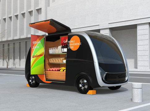 Self-driving vending car parking on the street. The vending car is equipped with shelf for selling foods, drinks and grocery. Mobile convenience store concept. 3D rendering image.