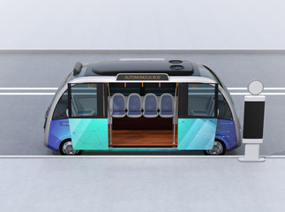 Side view of autonomous shuttle bus waiting at bus station. 3D rendering image.