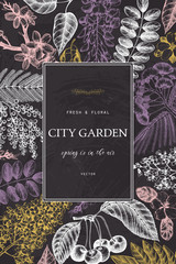 Fototapeta premium Vector card design with hand drawn blossoming trees illustration. Spring flowers sketch collection in pastel colors.Wedding invitation template on chalkboard.