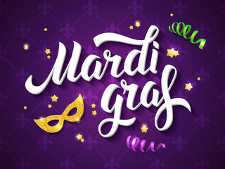 Mardi gras logo. Hand drawn lettering. Vector greeting card with golden mask, ribbons and stars. Fat tuesday poster.