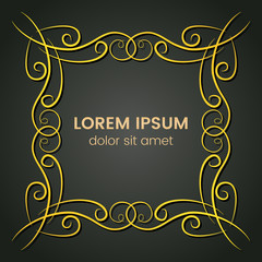 A square golden monogram element on a dark background. Vector illustration.
