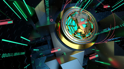 Bitcoin. Blockchain technology. Mining of crypto-currencies. 3D illustration.