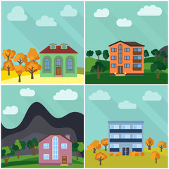 Set of four lonely houses in the nature. Vector illustration.
