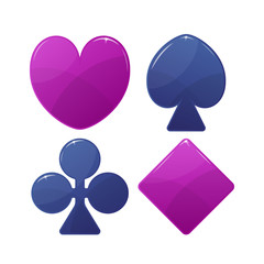 Playing card suit symbol. Pink Hearts and Tiles Diamonds , blue Clovers Clubs and Pikes Spades . Vector illustration.