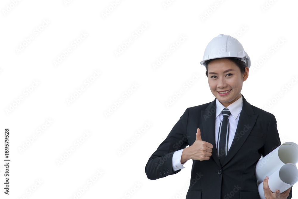 Wall mural business woman wears safety hat is isolated on white background