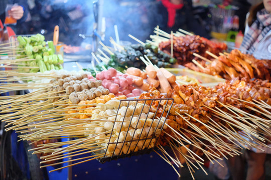 Meat and vegetables and mushrooms barbecue, Street food in Vietnam