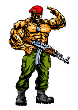 muscular soldier with gun salutes, illustration, art, design, logo, color image