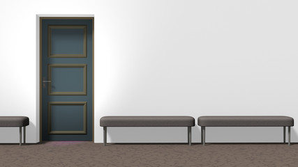 Waiting hall corridor with white wall, closed door on the left, brown floor with crackle pattern, and three backless upholstered benches. Horizontal 16:9 interior 3d render.
