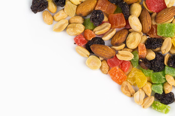 Background of dried fruits and nuts, proper nutrition, food frame