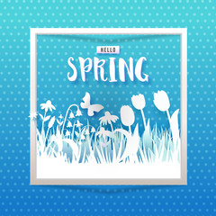 Hello Spring text with meadow with flowers on green background. Grass, tulips and chamomiles cut out from paper. Vector illustration. Blue banner with place for text. Paper art. Vector illustration