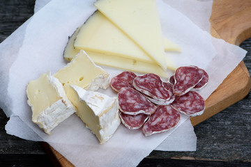 Cheese plate on a wooden background.