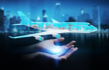 Businessman with plane and famous landmarks of the world 3D rendering
