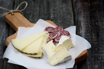Cheese plate on a wooden background.