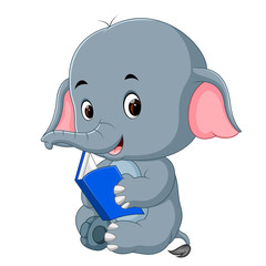 Cute elephant reading a book.