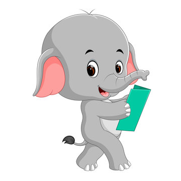Cute elephant reading a book.