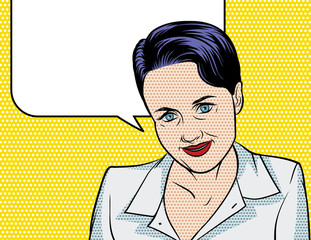 Vector illustration of a woman in pop art style with speech bubble over halftone dot background. Beautiful adult woman in white uniform. Kind woman face with smile
