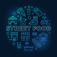 Fototapeta na wymiar Street food blue round symbol. Vector line illustration