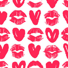 Seamless pattern with lipstick kisses and hearts