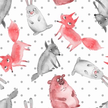 Seamless pattern with cartoon forest animals 2. Wolf, bear, fox and hare