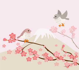 Lovely birds with cherry tree andmountain background