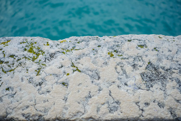 Marble stone against greenish water in Venice