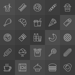 Unhealthy junk food outline icons set. Vector Fast Food signs