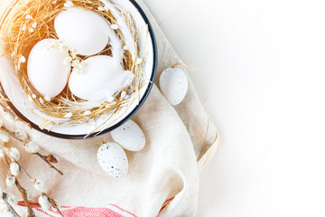 Happy Easter. Congratulatory easter background. Easter eggs and flowers.