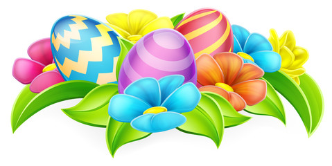 Obraz premium Cartoon Decorated Easter Eggs and Flowers
