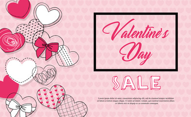 Valentine's day sale banner. Beautiful Background with hand drawn pink Hearts. Vector illustration for website , posters, email and newsletter designs, ads, coupons, promotional material.
