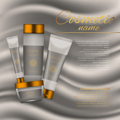 Vector 3D cosmetic illustration on a soft silk background. Beauty realistic cosmetic product design template.